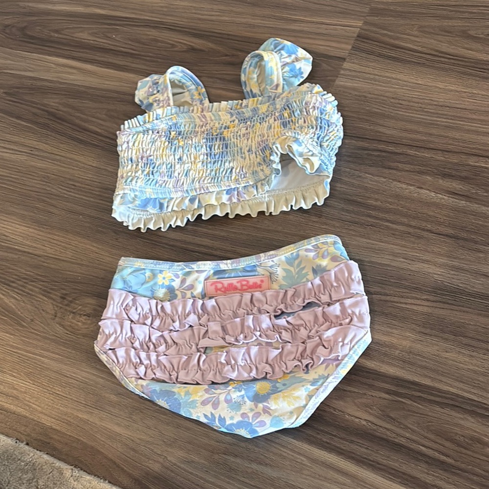 Ruffle Butts bikini size 4T Floral Swim Set - Blue and Yellow with purple EUC